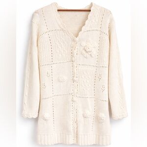 Cream Knit Cardigan Floral Applique Button Front Cottagecore Sweater M